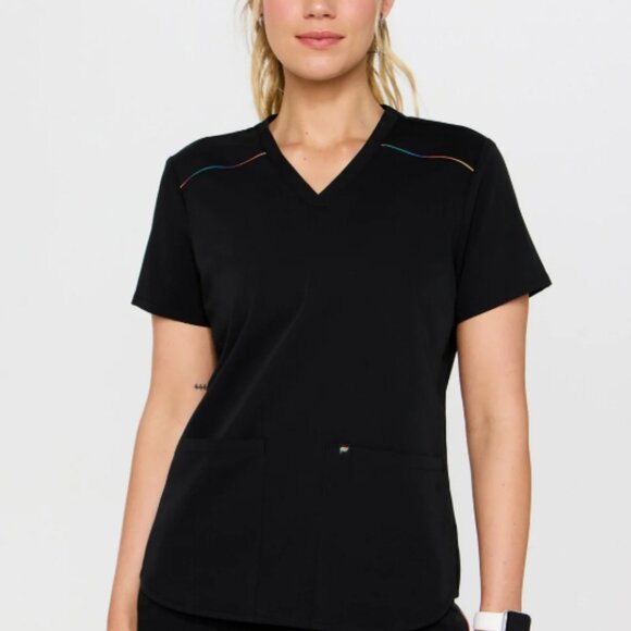 NEW Fabletics Method 2-pocket scrub top RARE Black reflective Rainbow XS - Picture 6 of 8